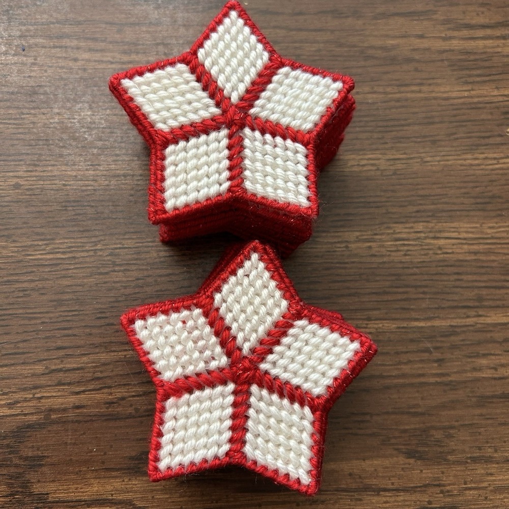 Lot Of 10 Vintage Handmade Needlepoint Star Christmas Ornaments Red White